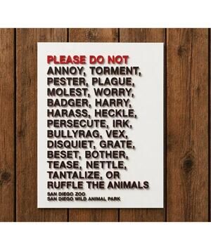 San Diego Zoo Animal Sign Please Do Not Annoy Pester Tease California